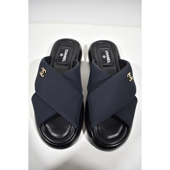 Chanel REV Black Fabric Criss Cross Puffy CC Logo Slide Mule Sandal Flop Flat 39 - Picture 8 of 12